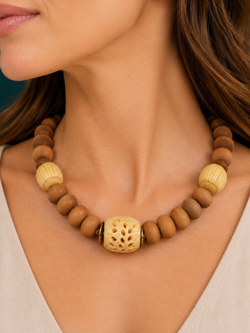 Vtg FREIRICH Designer MCM Carved Bone Wood Beaded Tribal Necklace